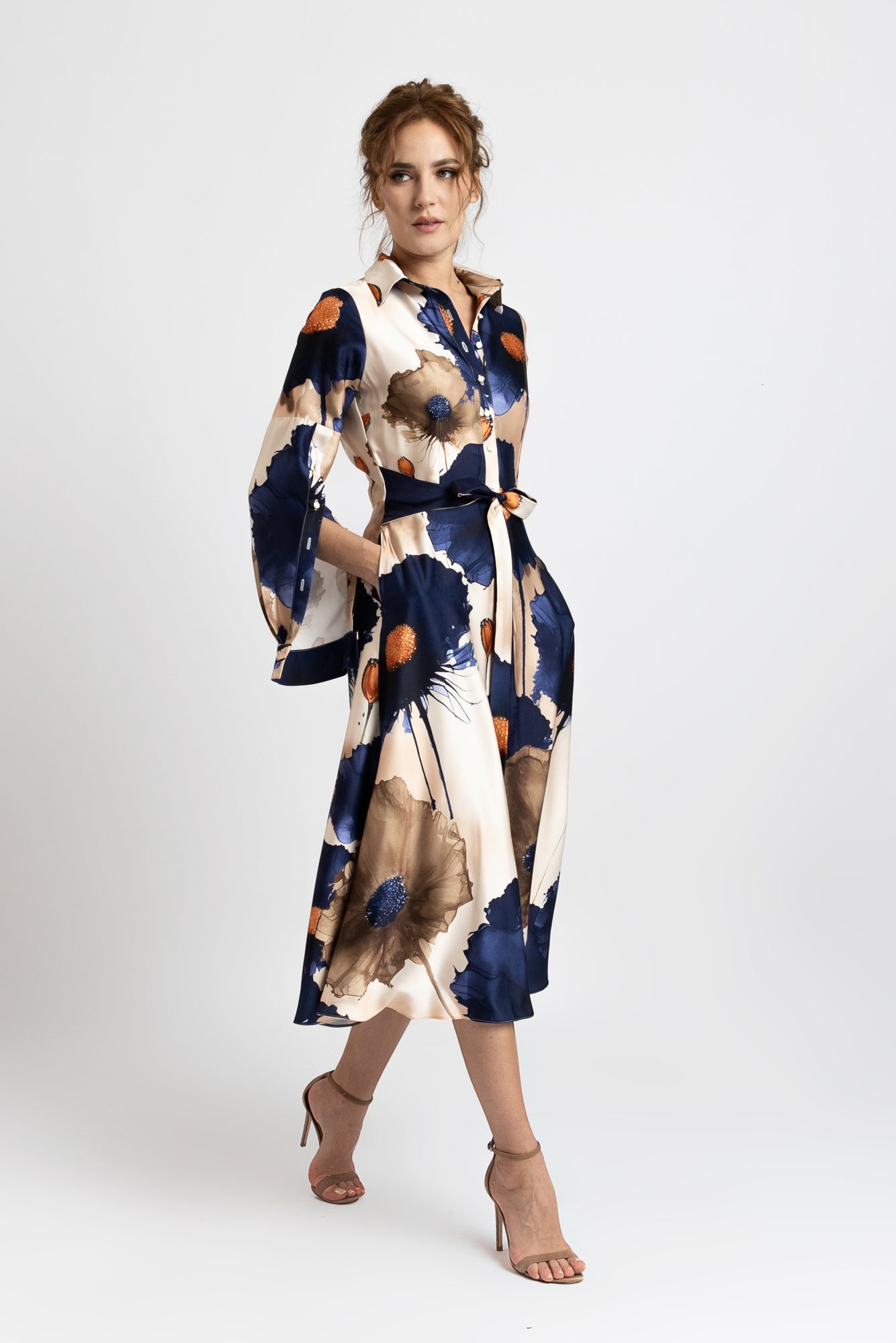 Digitally printed satin shirt dress with flowers