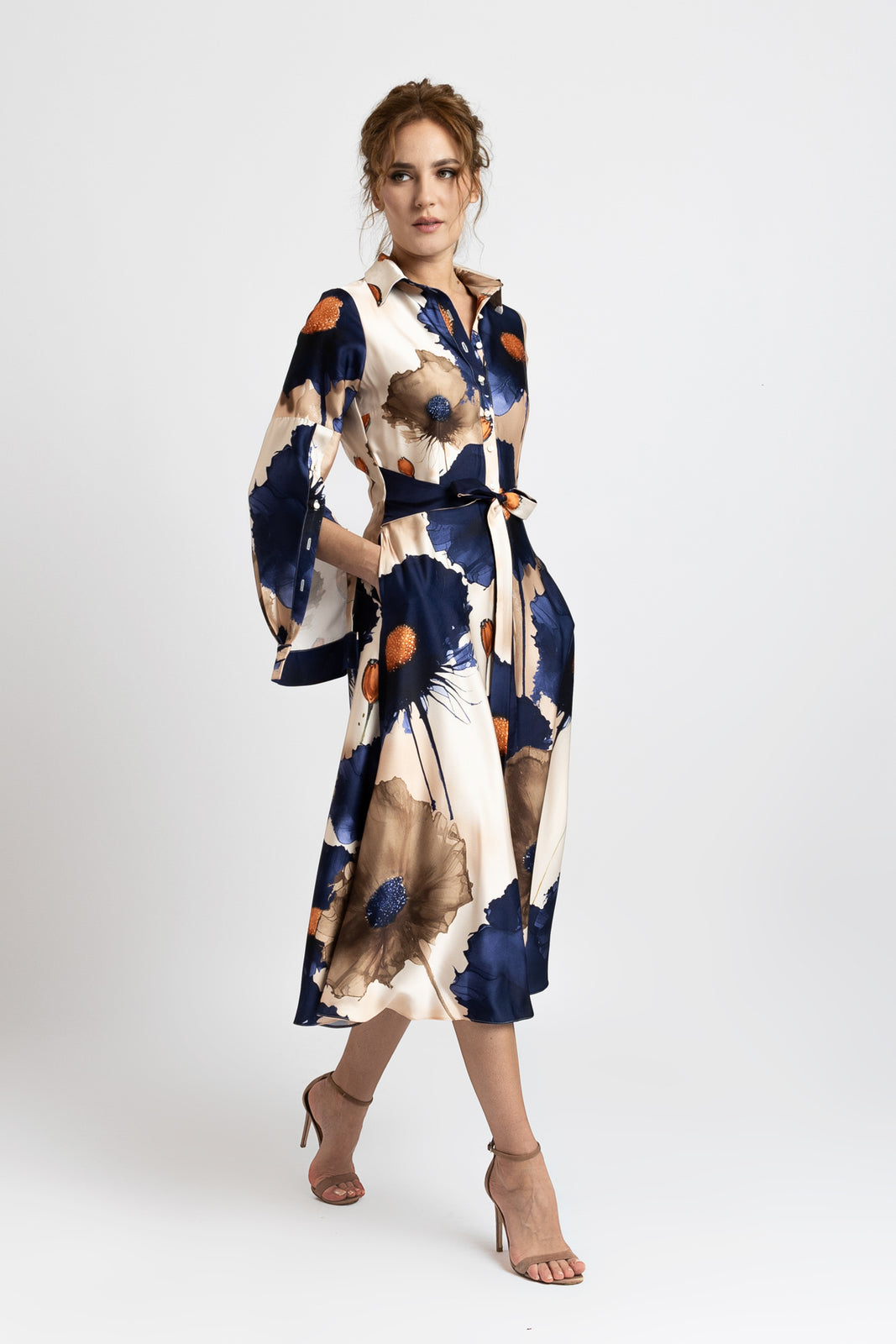 Load image into Gallery viewer, Digitally printed satin shirt dress with flowers