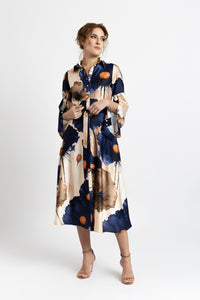 Digitally printed satin shirt dress with flowers