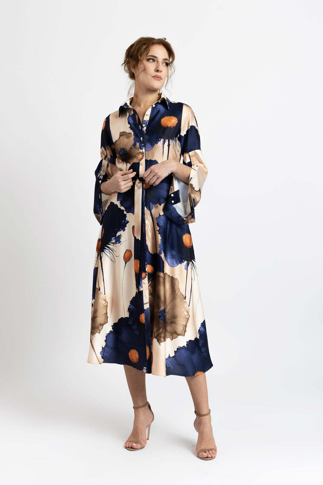 Load image into Gallery viewer, Digitally printed satin shirt dress with flowers