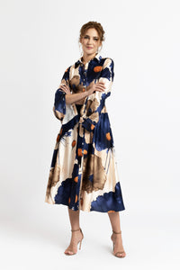 Digitally printed satin shirt dress with flowers