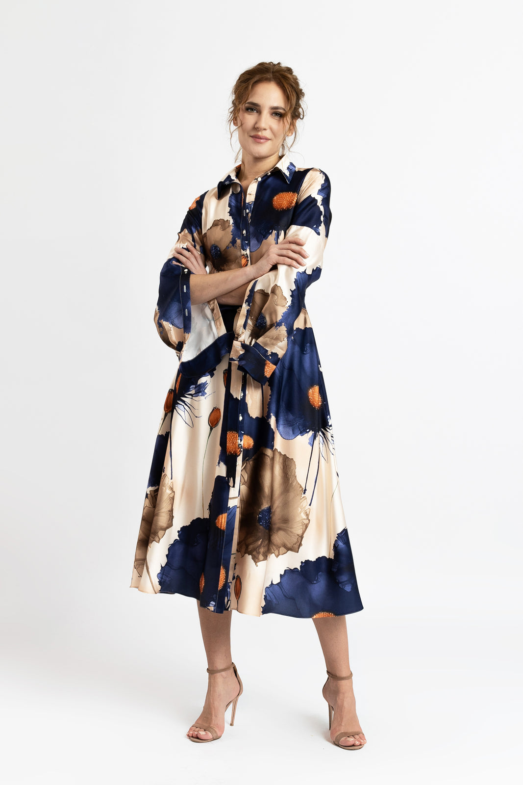 Load image into Gallery viewer, Digitally printed satin shirt dress with flowers