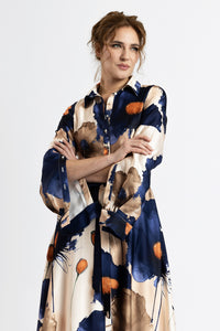 Digitally printed satin shirt dress with flowers