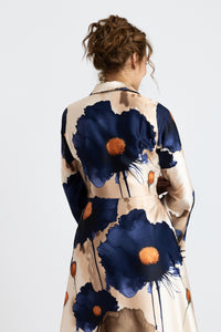 Digitally printed satin shirt dress with flowers