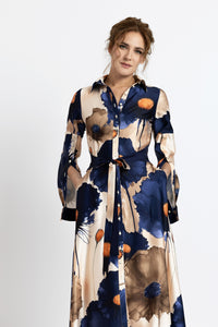 Digitally printed satin shirt dress with flowers