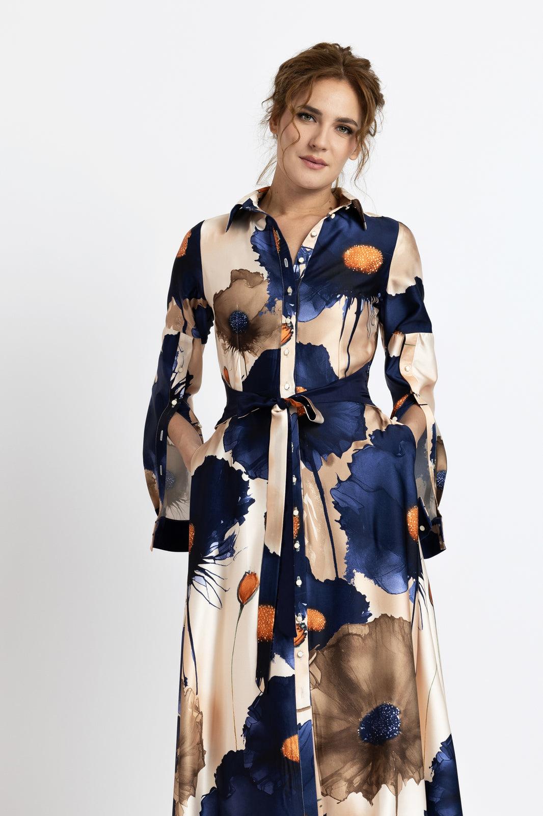 Load image into Gallery viewer, Digitally printed satin shirt dress with flowers