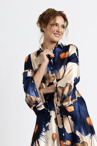 Digitally printed satin shirt dress with flowers