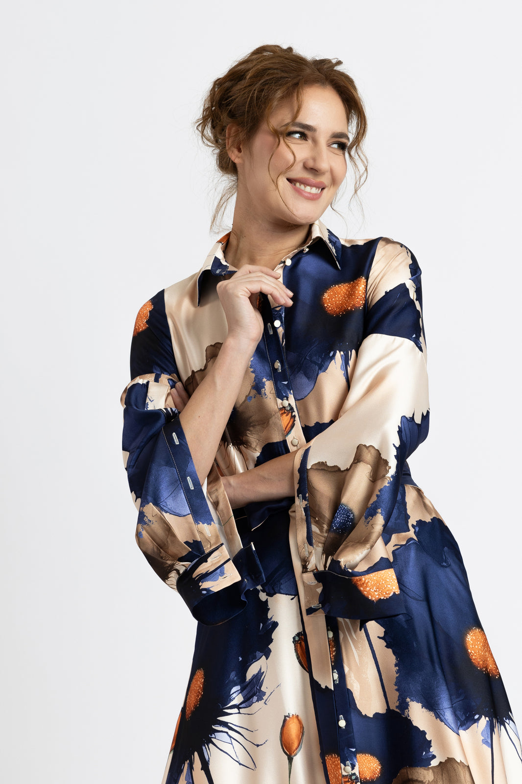 Load image into Gallery viewer, Digitally printed satin shirt dress with flowers