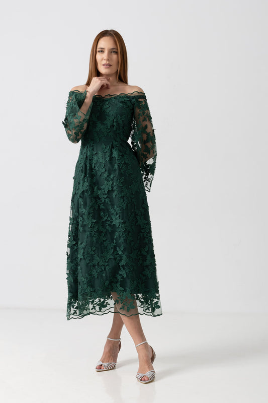 Rochie midi din tulle verde cu umeri decupati