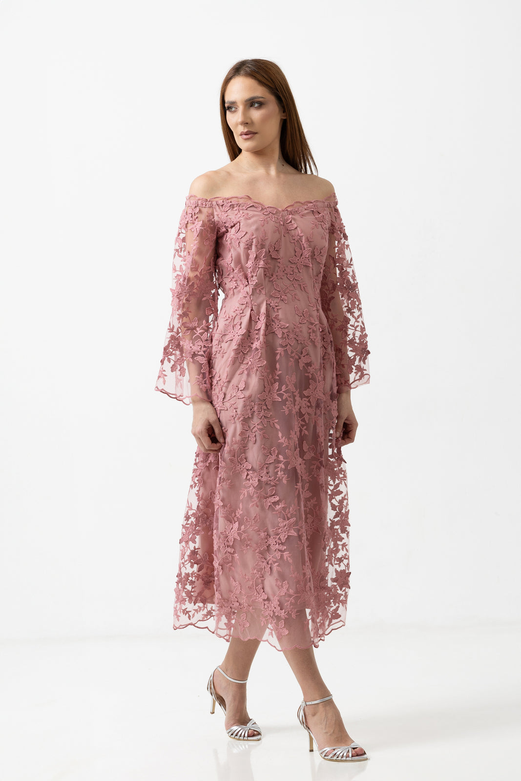 Load image into Gallery viewer, Dusty pink midi dress with cut-out shoulders