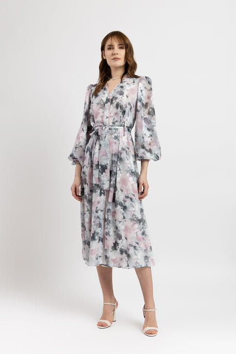 Rochie midi din voal cu imprimeu floral si maneci bufante