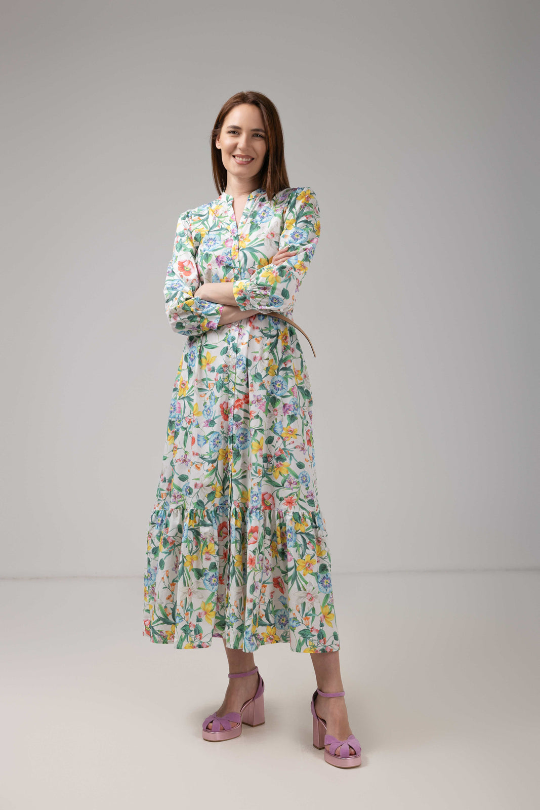 Incarca imaginea in galerie, Rochie lungă florală din bumbac cu cordon împletit