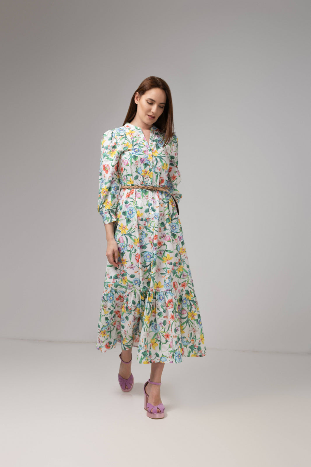 Incarca imaginea in galerie, Rochie lungă florală din bumbac cu cordon împletit