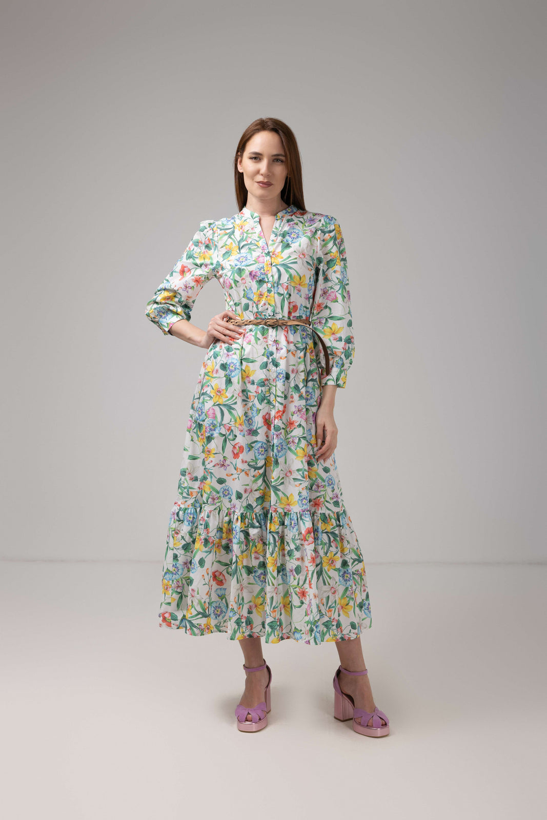 Incarca imaginea in galerie, Rochie lungă florală din bumbac cu cordon împletit