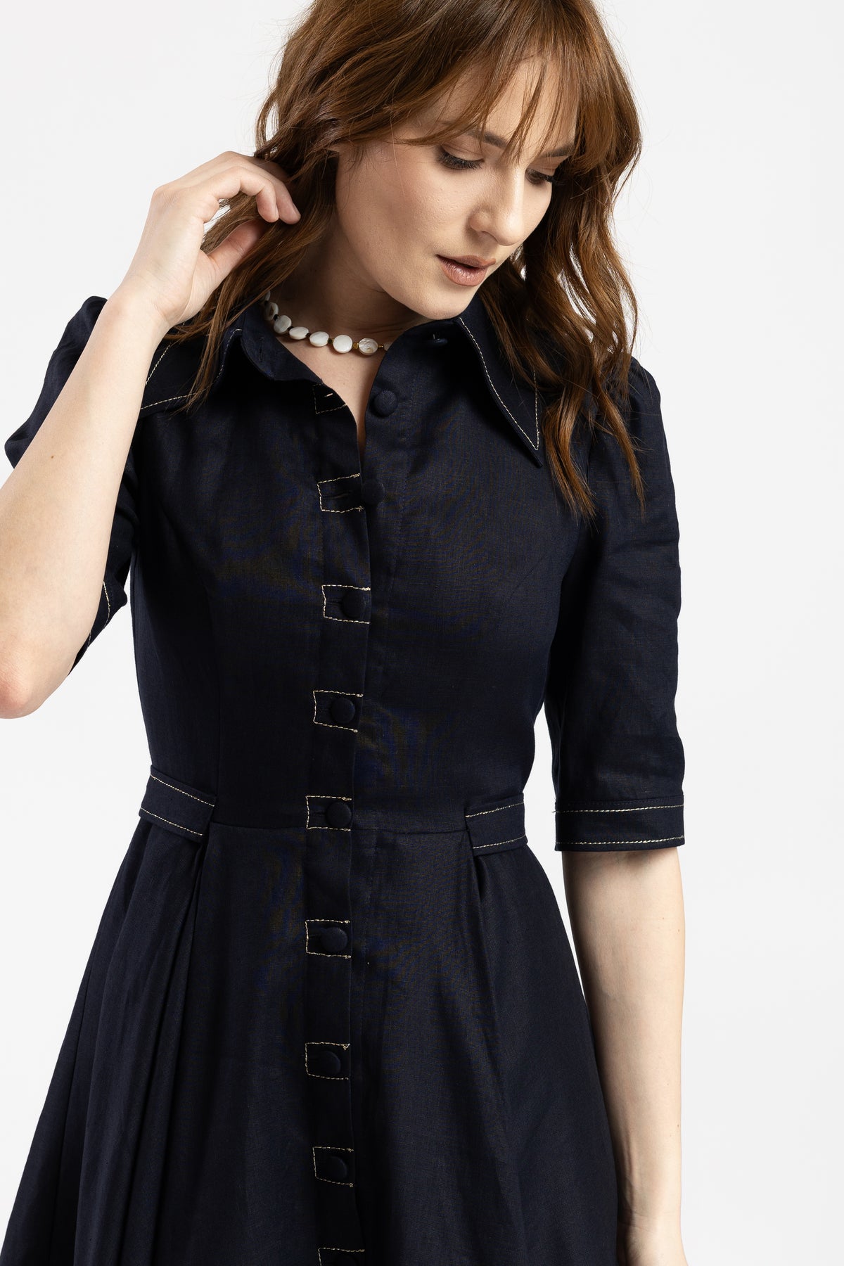 Short navy linen dress with metallic stitching