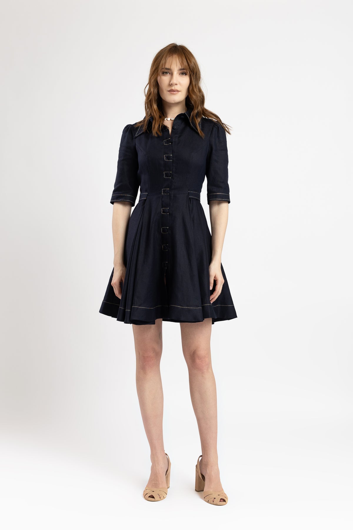Short navy linen dress with metallic stitching