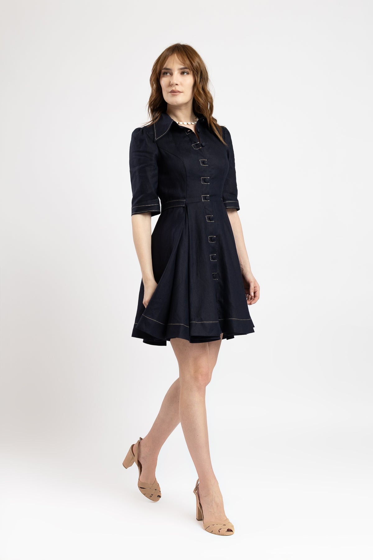 Short navy linen dress with metallic stitching