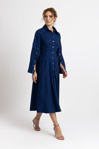 Dark green cotton shirt dress with macrame applications