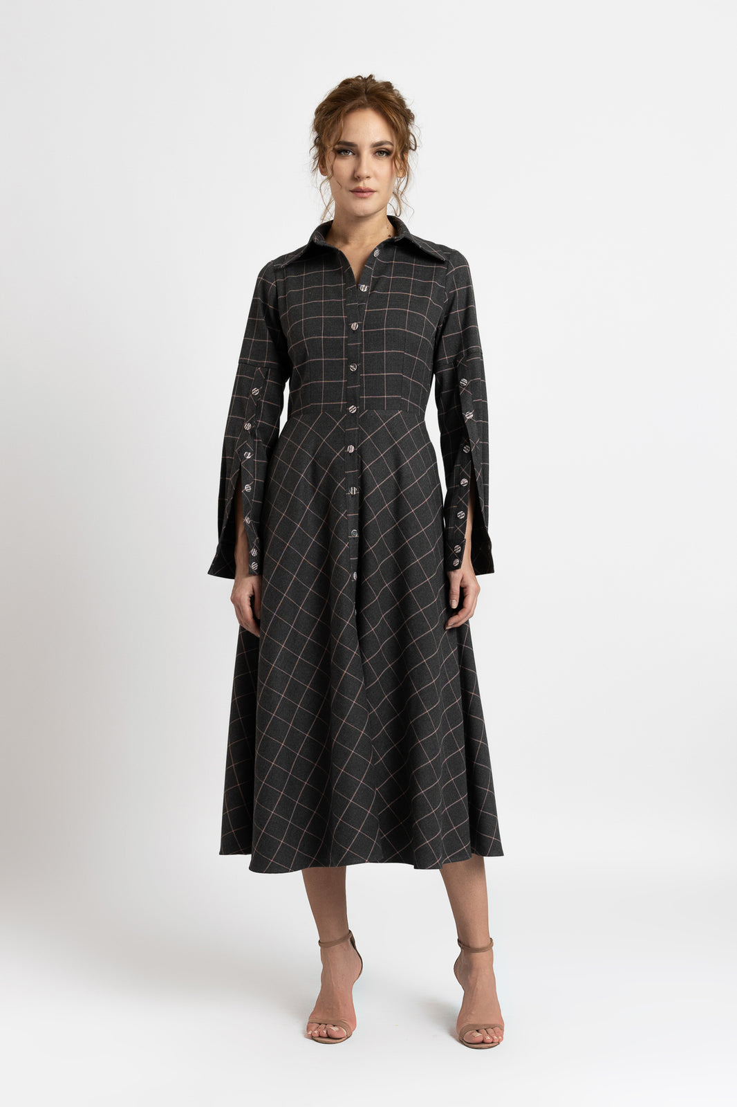 Load image into Gallery viewer, Gray/pink plaid shirt dress