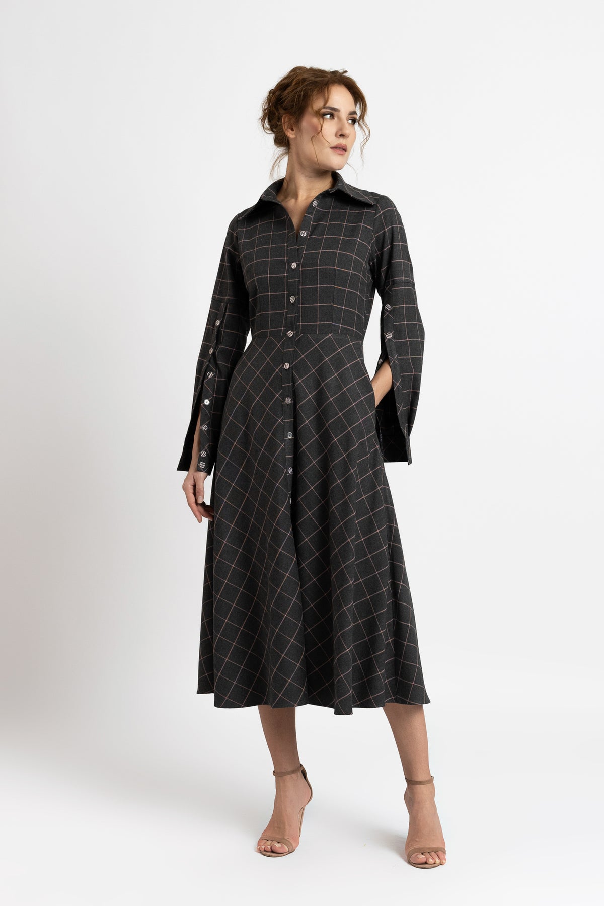 Gray/pink plaid shirt dress