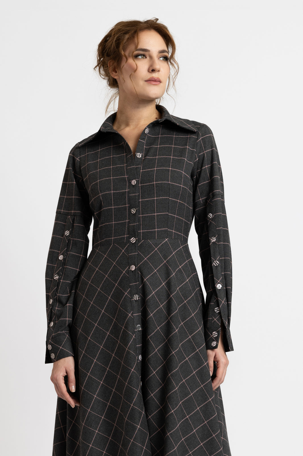 Load image into Gallery viewer, Gray/pink plaid shirt dress