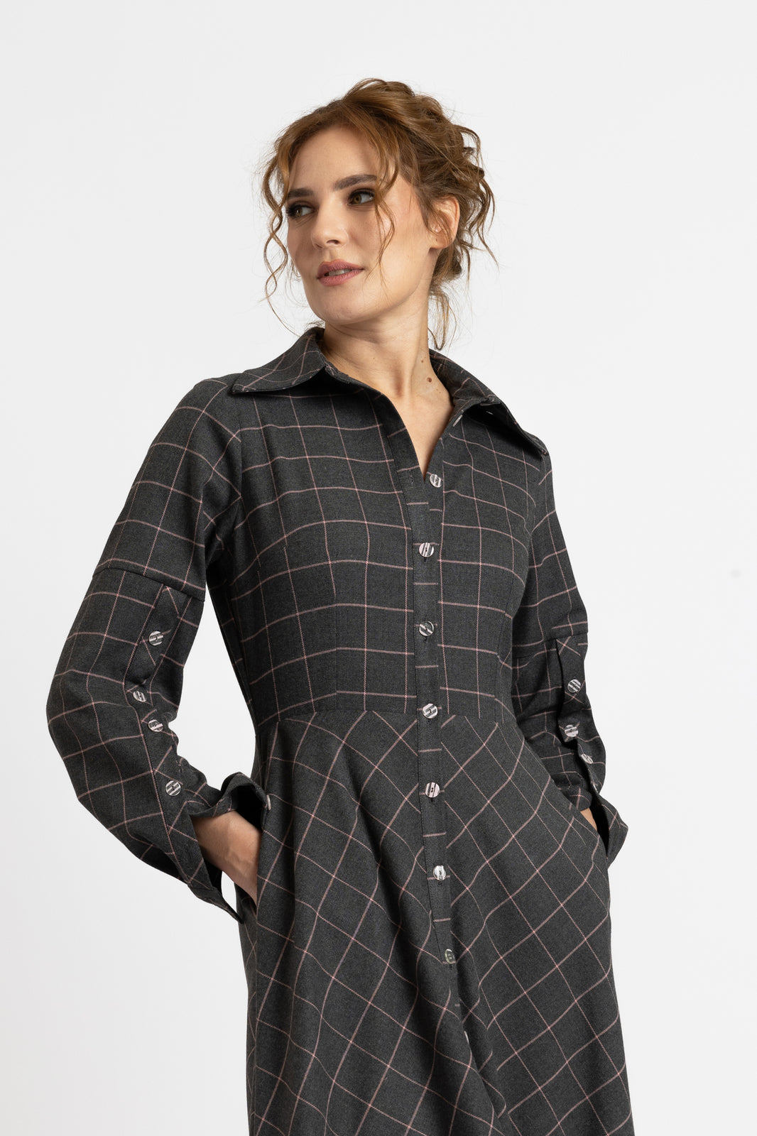 Load image into Gallery viewer, Gray/pink plaid shirt dress