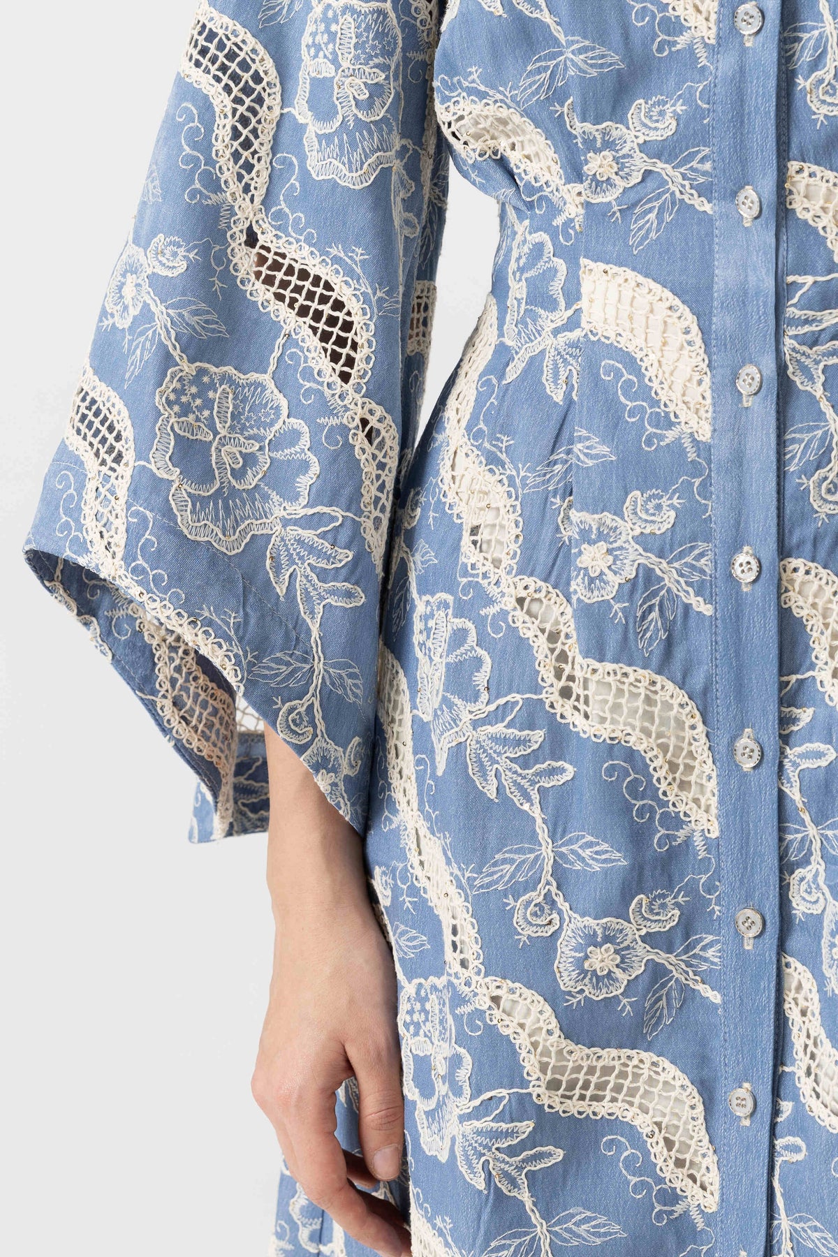 Denim off-shoulder midi dress with broken embroidery