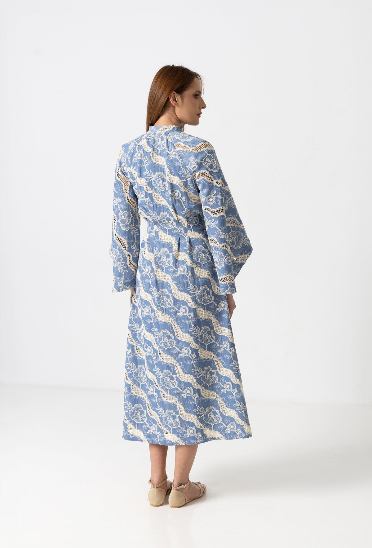 Denim off-shoulder midi dress with broken embroidery