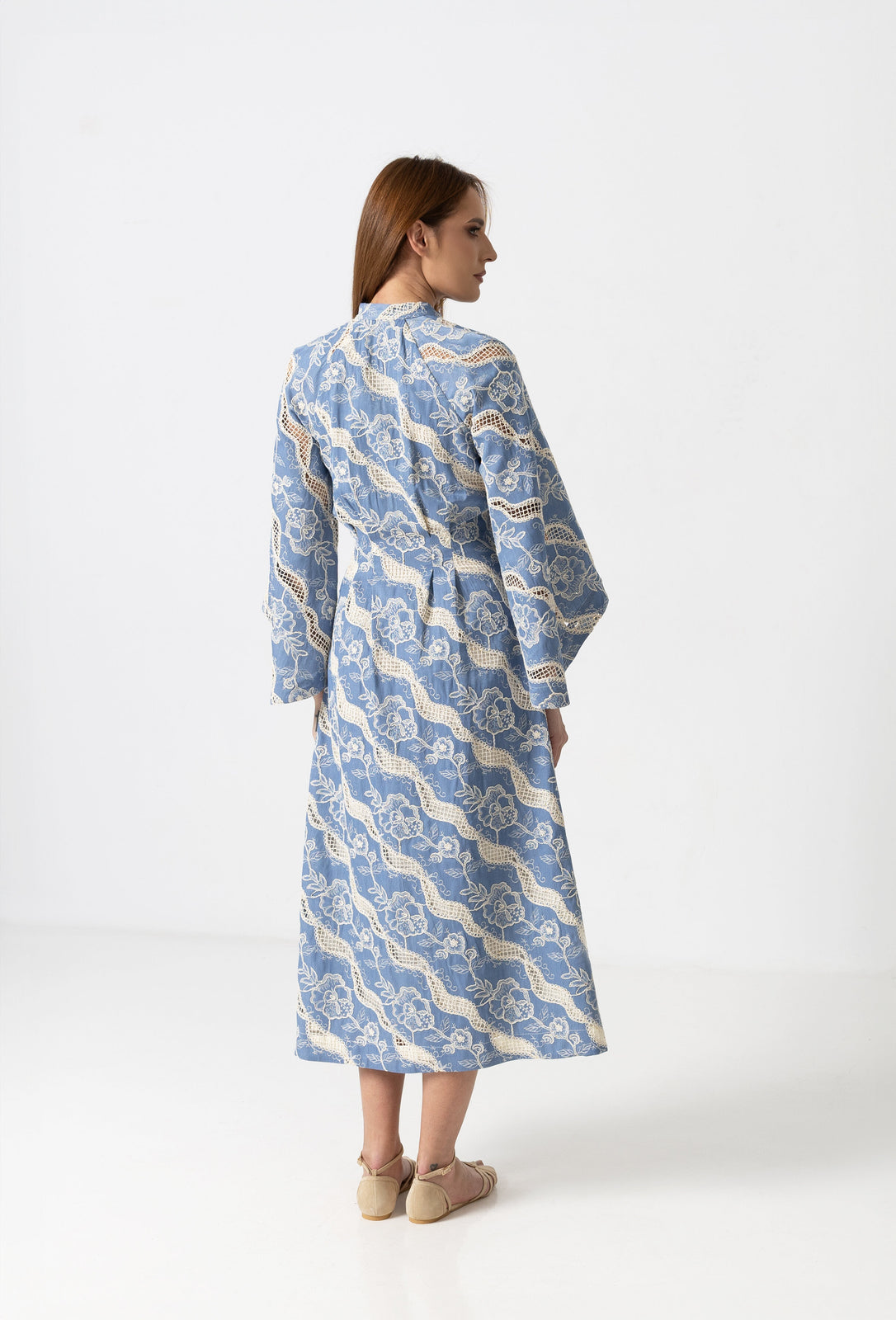 Load image into Gallery viewer, Denim off-shoulder midi dress with broken embroidery