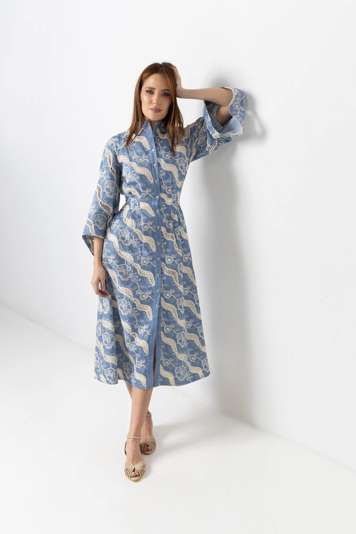 Denim off-shoulder midi dress with broken embroidery