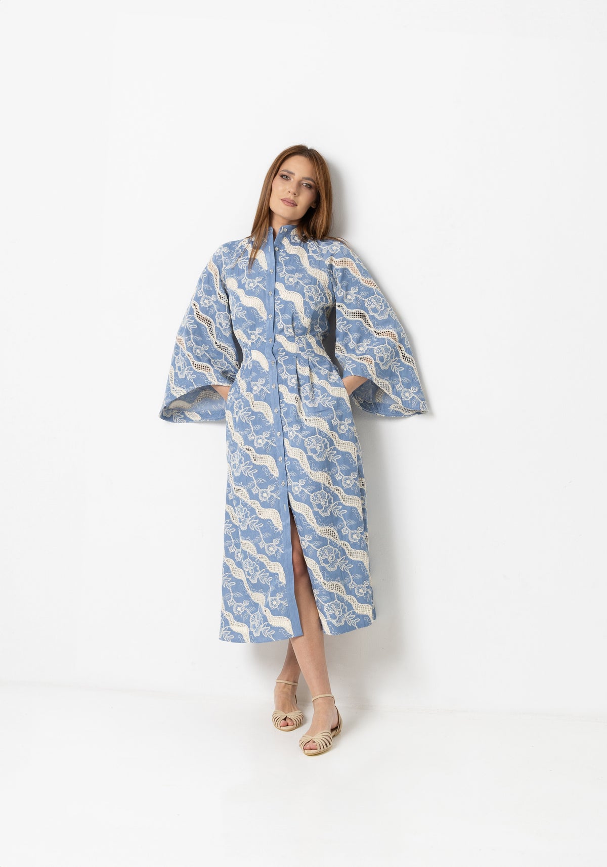 Denim off-shoulder midi dress with broken embroidery