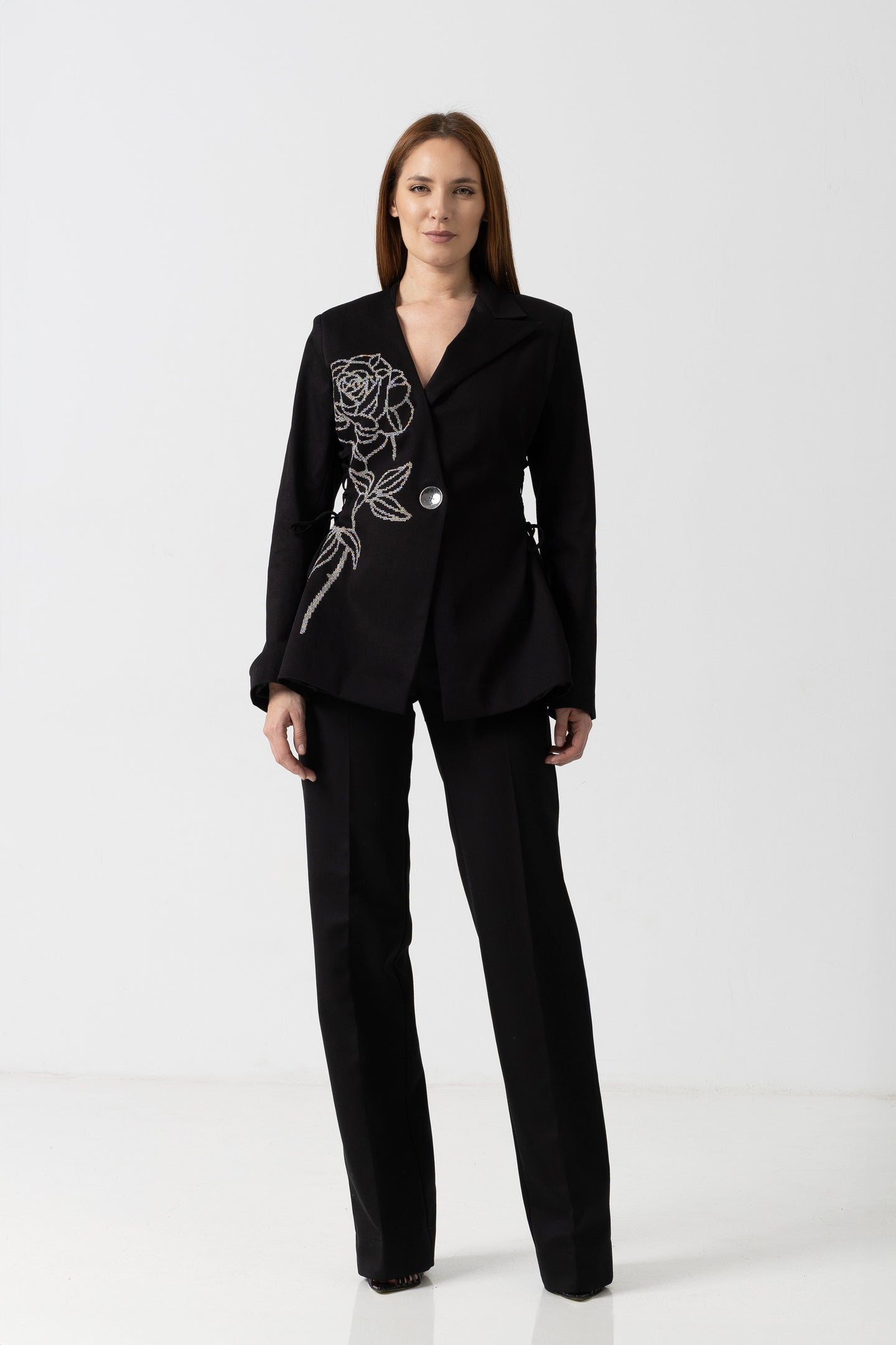 Sacou din denim cu broderie trandafir