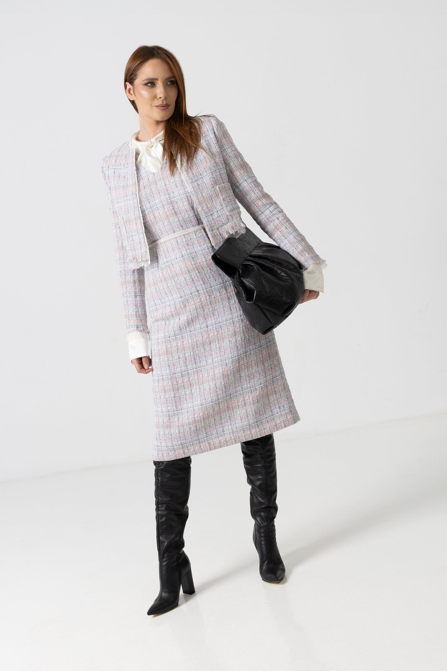 Compleu din stofă de bumbac tip tweed cu inserții pastel