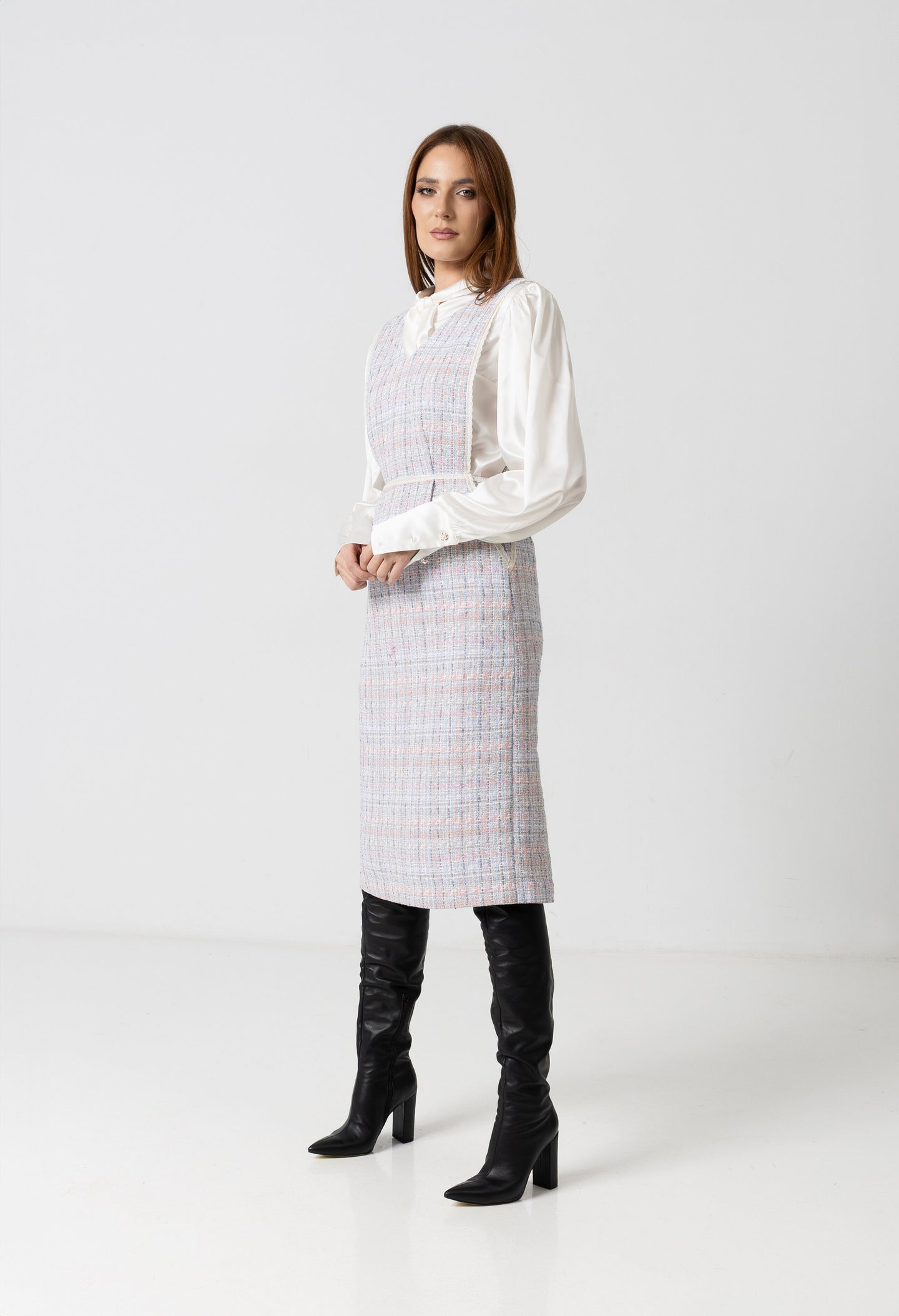 Sarafan elegant din stofă de bumbac tip tweed cu inserții pastel