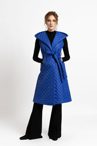 Midi vest with hood in blue quilted fabric