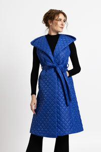 Midi vest with hood in blue quilted fabric