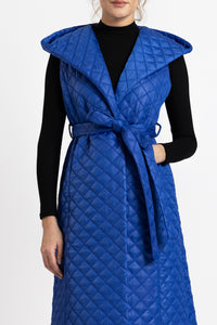 Midi vest with hood in blue quilted fabric