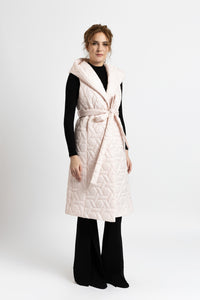 Midi vest with hood in gray quilted fabric