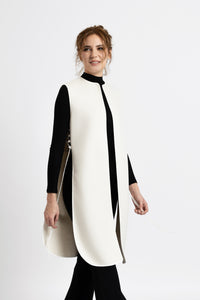 Black woolen midi vest with white floral embroidery and stripes on the side