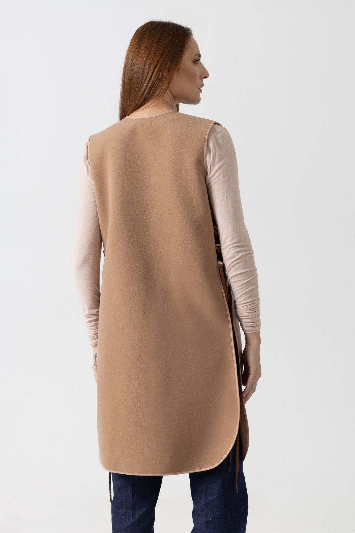 Black woolen midi vest with drawstrings on the sides