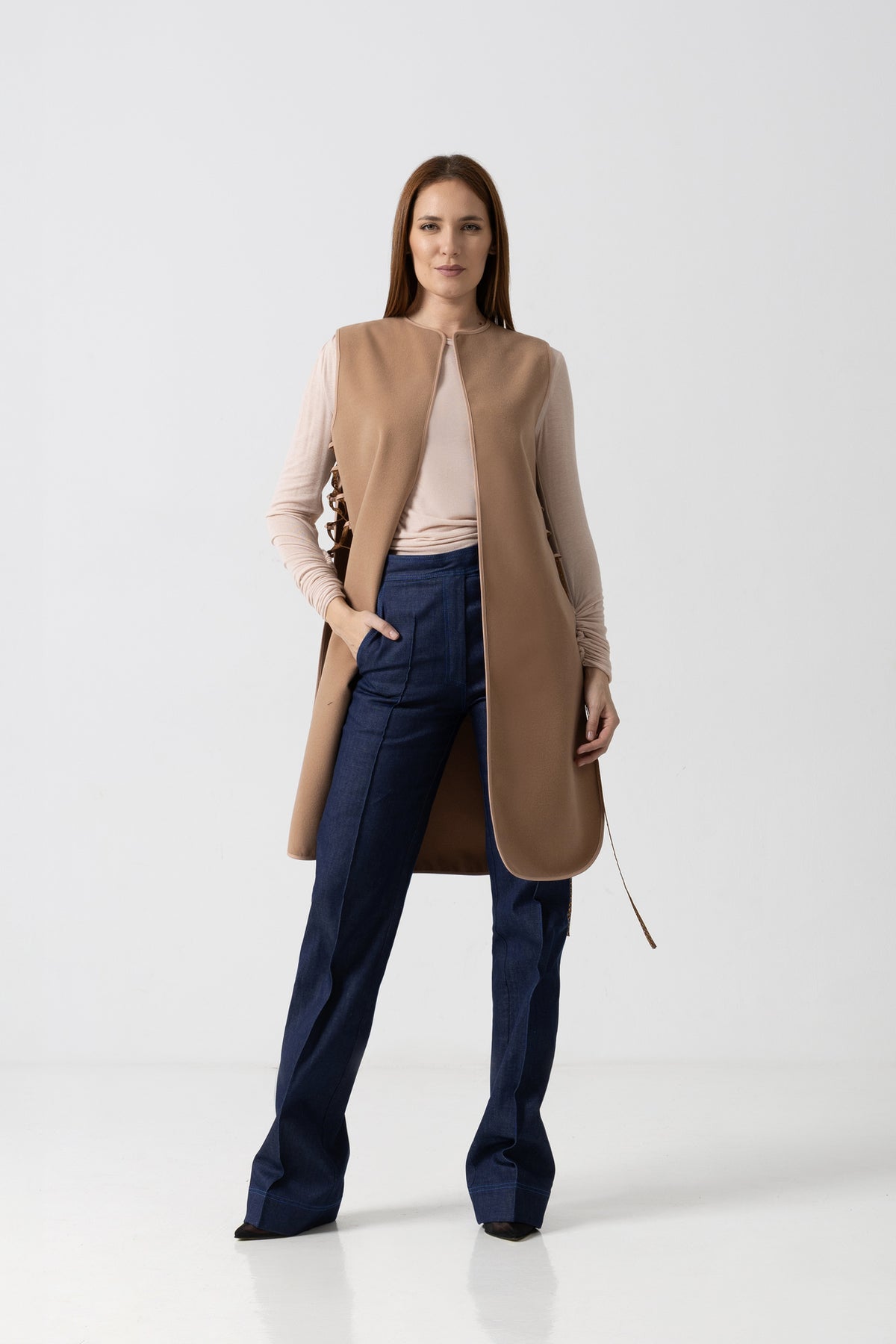 Black woolen midi vest with drawstrings on the sides