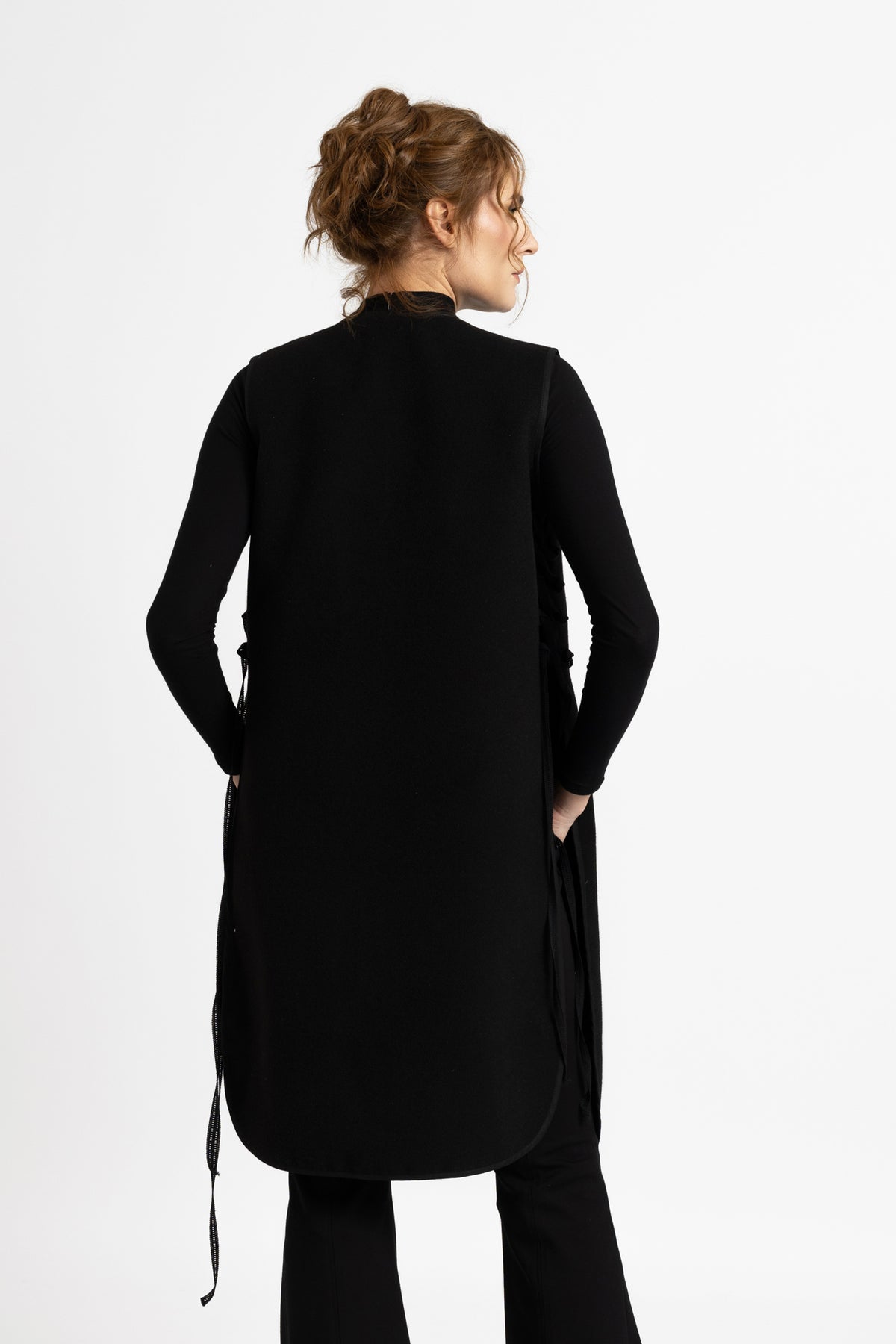 Black woolen midi vest with drawstrings on the sides