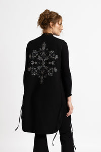 Black woolen midi vest with white floral embroidery and stripes on the side