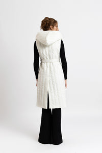 Midi vest with hood in white quilted fabric