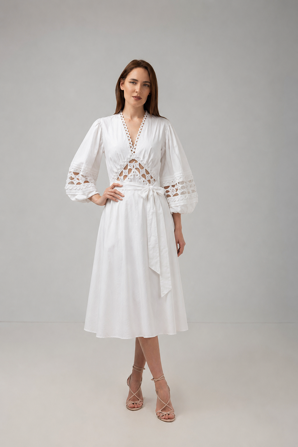 Load image into Gallery viewer, Dark green cotton shirt dress with macrame applications