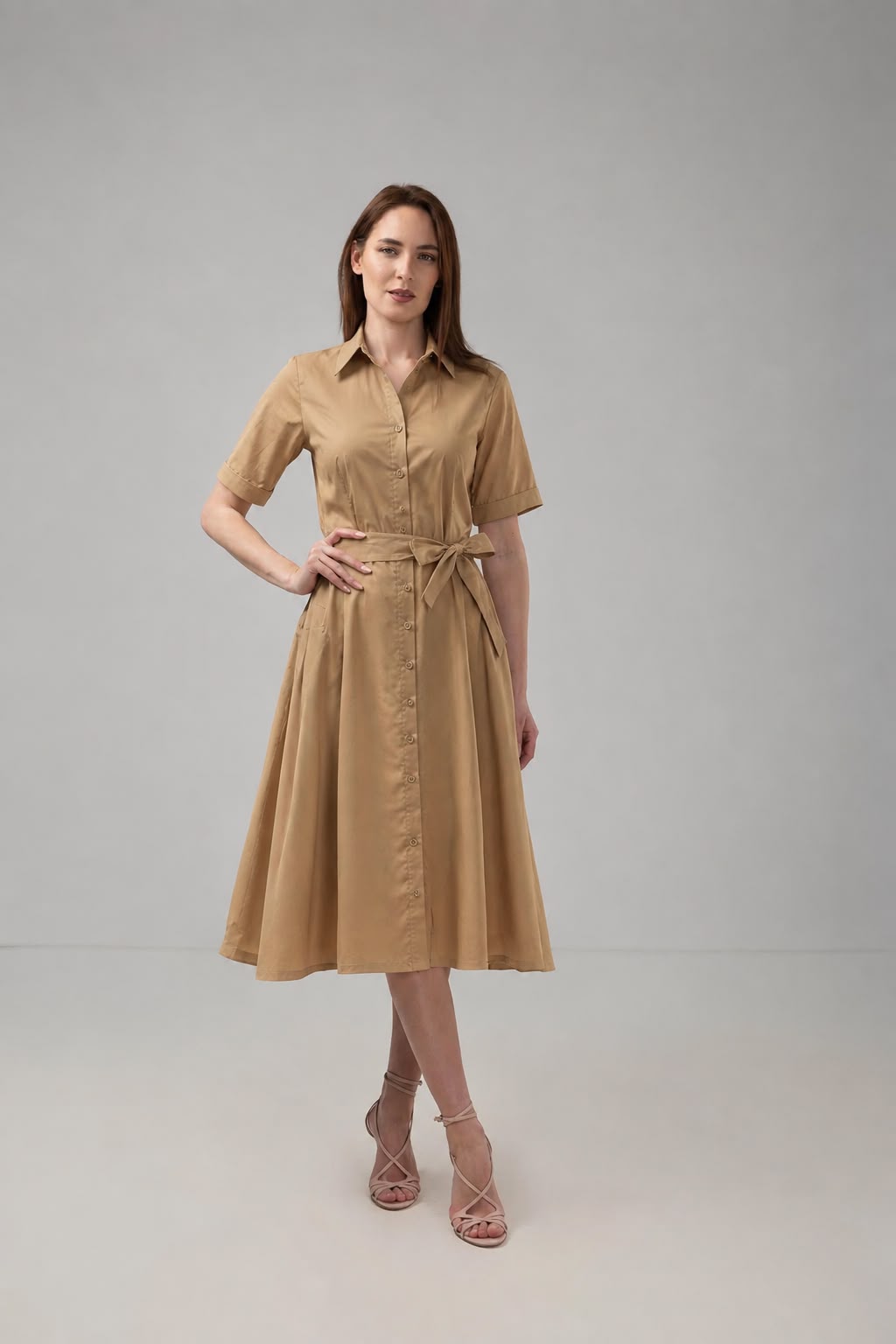 Load image into Gallery viewer, Dark green cotton shirt dress with macrame applications