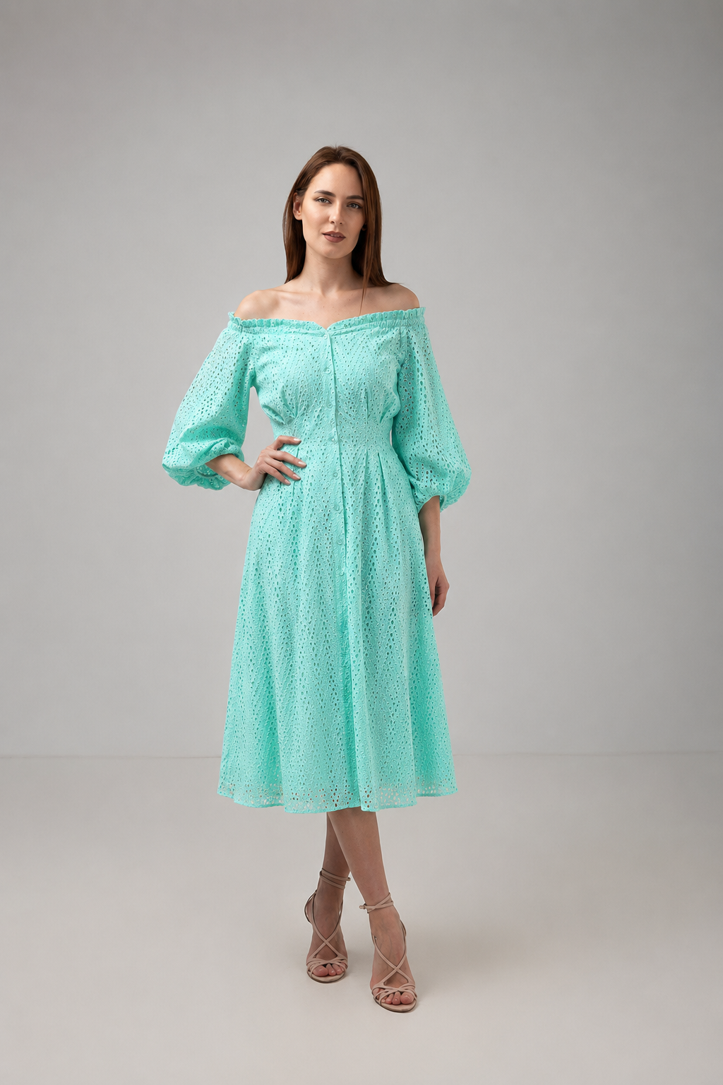 Load image into Gallery viewer, Denim off-shoulder midi dress with broken embroidery