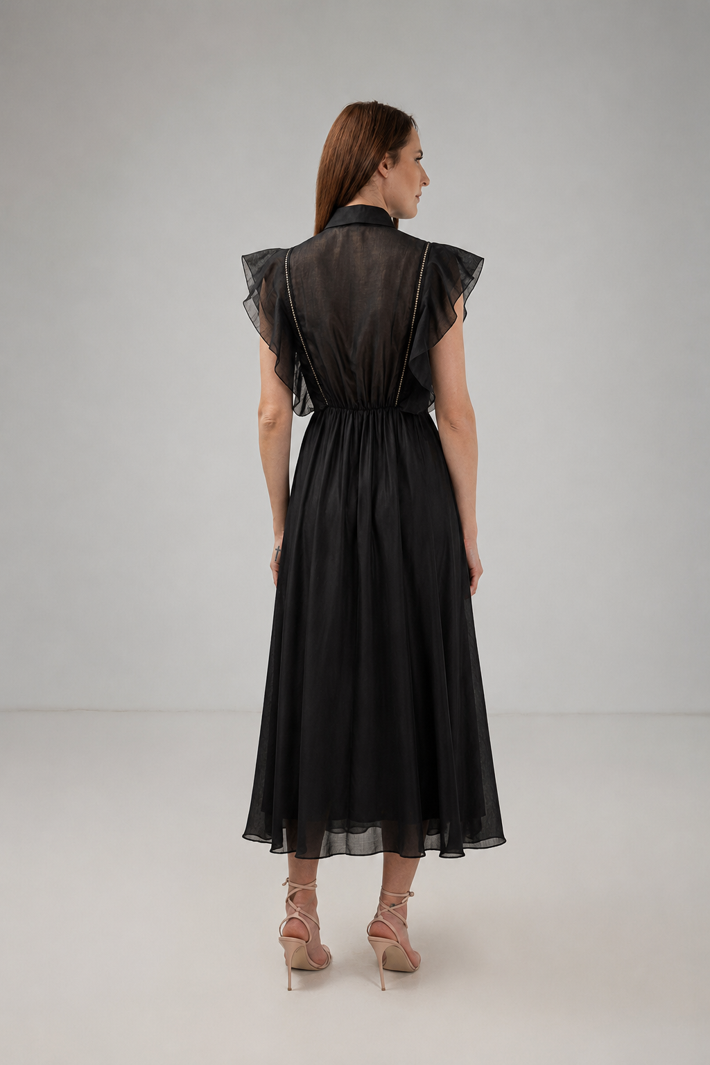 Incarca imaginea in galerie, Rochie Lungă Neagră cu Volane și Guler Cămașă