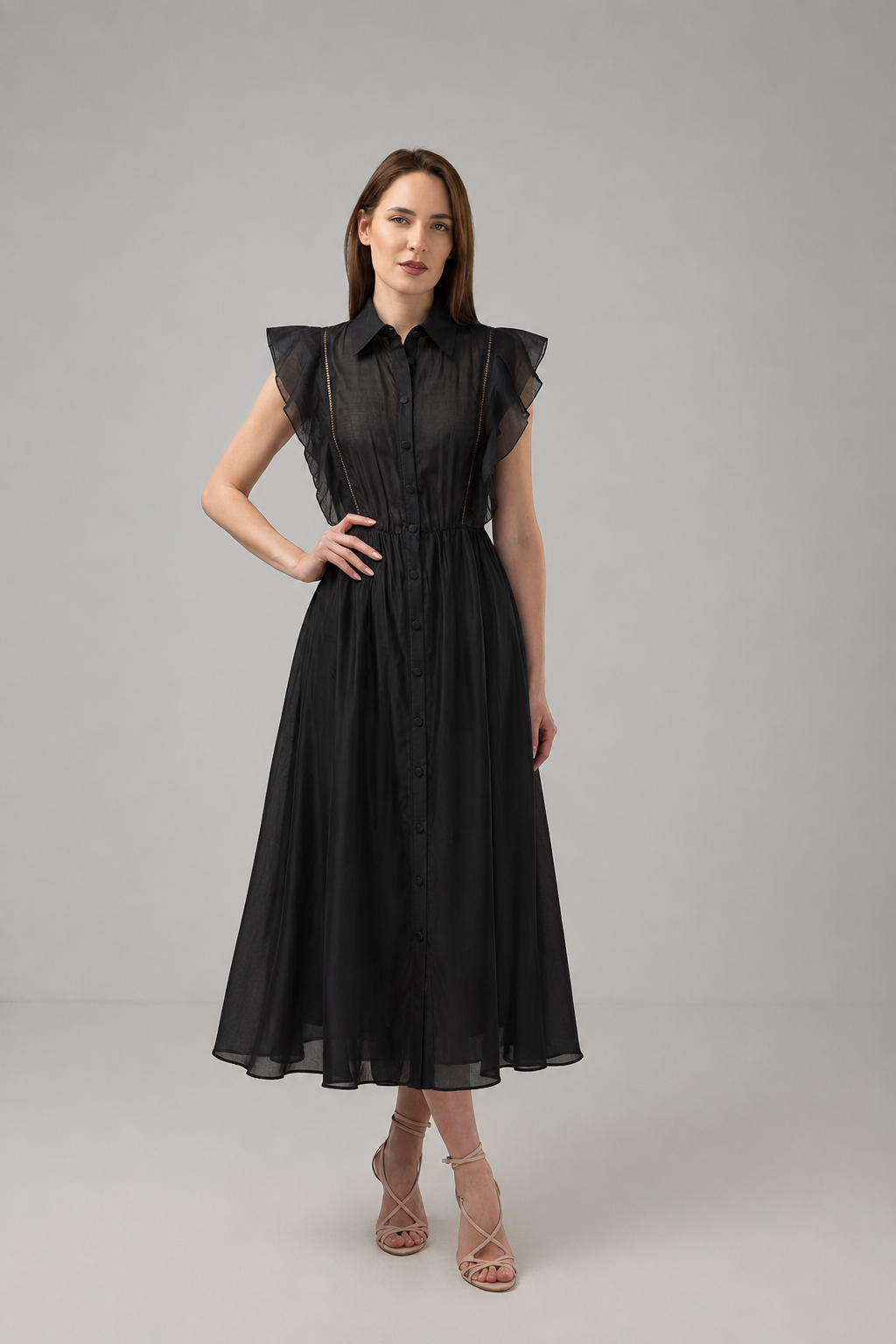 Incarca imaginea in galerie, Rochie Lungă Neagră cu Volane și Guler Cămașă