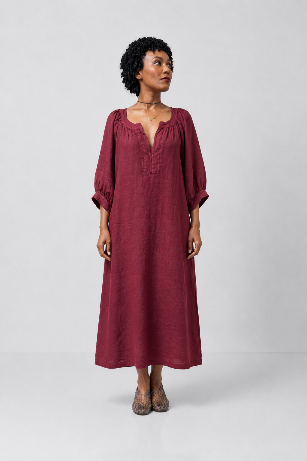 Load image into Gallery viewer, Rochie midi oversized cu mâneci bufante și decolteu în V – Burgundy